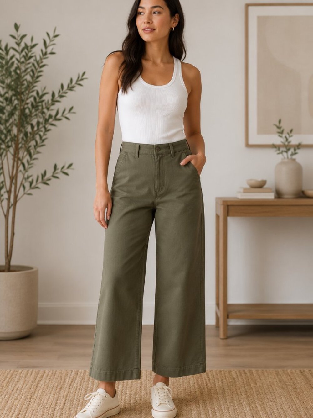 Everlane Organic Cotton Wide Leg Pants Olive Green Size 8 Regular